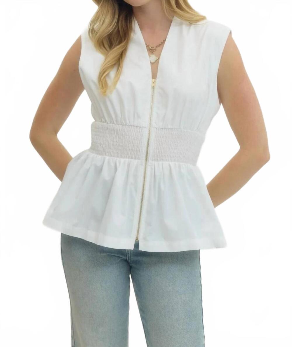 NEW ENTRO polished peplum zip front top in off white